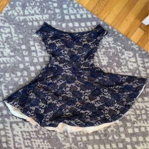 B.Darlin Navy Lace Fit and Flare off the Shoulder Mini Dress